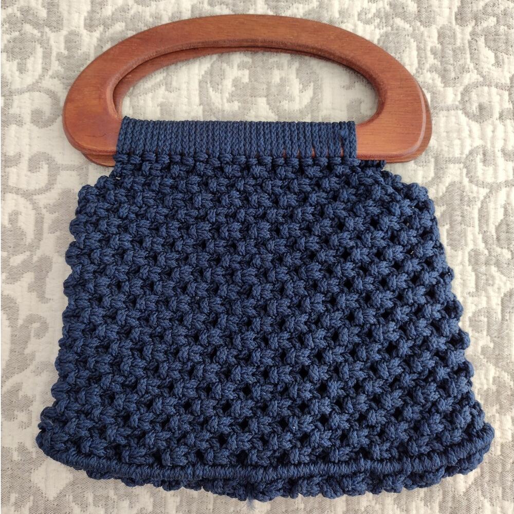 Vintage Handmade Dark Blue Crochet Knit Open-Top Bag with Brown Wood Handle